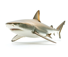 Fototapeta premium A powerful great white shark swims through the blue ocean, an isolated underwater predator with fins and teeth, a dangerous marine animal