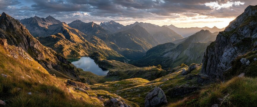 Panoramic sunset view of a serene mountain lake nestled within a rugged, golden-hued valley, the sun casting long shadows across the peaks