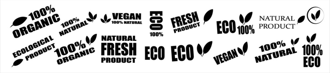 Set of eco-friendly product labels with text like 100% natural, organic, vegan, and fresh. Black vector badges with leaf icons for packaging, branding, and ecological design.Для Интернета