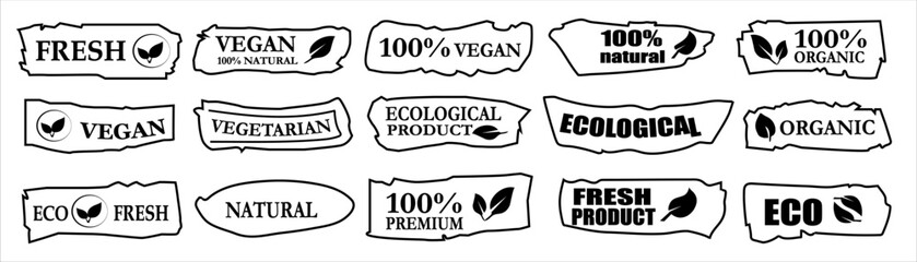 Obraz premium Hand-drawn eco label collection with inscriptions like vegan, fresh, ecological, and 100% natural. Black outline vector badges with torn paper effect for organic branding and packaging.