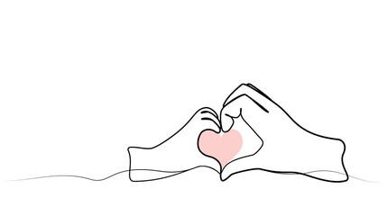 continuous drawing of hands in one line. big and small hand with heart in the middle.