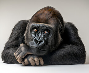 Fototapeta premium Powerful black lowland gorilla mammal beast with strong hairy fur and thinking eyes close up portrait in its wild nature jungle habitat