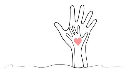 continuous drawing of hands in one line. big and small hand with heart in the middle.