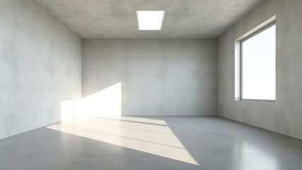Fototapeta premium Bright light streams into a simple, modern, gray, concrete room through a window and built-in lighting