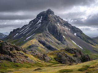 A dramatic, snow-capped peak dominates the scene under a brooding sky, its slopes a patchwork of grey rock, patchy snow, and hints of green vegetation