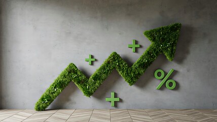 Eco-friendly growth concept with green upward arrow and percentage symbol made of leaves

