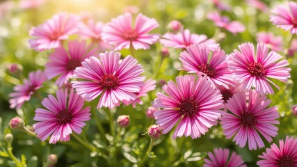 Fototapeta premium Pink blossoms in a vibrant display of springtime colors, with sunlight creating a warm, natural and beautiful soft light atmosphere