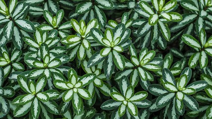 Pattern of lush green tropical leaves with white variegation, close-up botanical background
