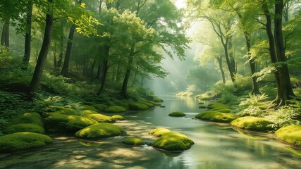 Idyllic Stream Winding Through Lush Forest, Sunlight Filtering Through Canopy, Illuminating Mossy Rocks and Verdant Undergrowth
