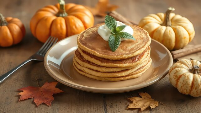 Fluffy stacked pancakes with whipped topping and mint, surrounded by decorative pumpkins and fallen foliage on a wooden table
