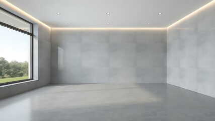 Obraz premium Modern minimalist space with concrete walls, flooring, and window view provides a neutral background for various design concepts