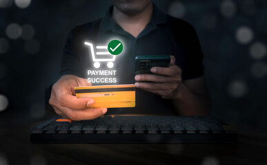 Smart e-commerce, Internet payment, Financial technology concept. Man using smartphone for online...