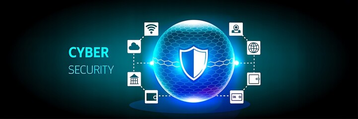 Cyber security shield with network icons for data protection and online safety concept
