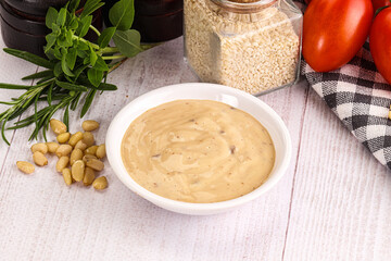 Delicious walnut creamy sauce in the bowl