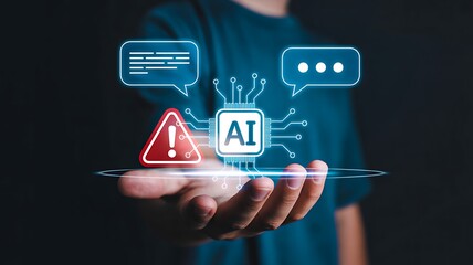 Artificial intelligence warning hologram above hand showing ai danger and technology risk
