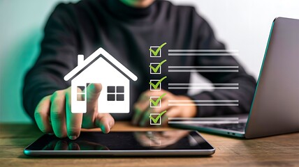 Real estate checklist and house selection on digital tablet for property evaluation
