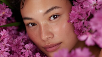A delicate portrait of a woman surrounded by vibrant pink flowers exudes natural beauty and tranquility. The close-up shot captures the model's soft features.
