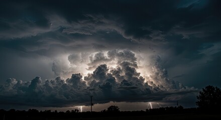Storm Clouds Building with Lightning Strikes Over Open Landscape