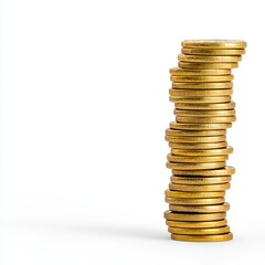 Tall Stack of Gold Coins on White Background