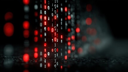 Binary Code Stream with Red Highlights on Dark Background