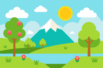 Cartoon spring landscape with mountain and path