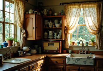Cozy rustic kitchen with wooden cabinets, vintage decor, and natural sunlight streaming through windows