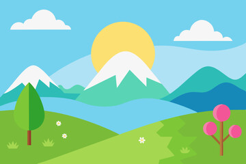 Cartoon spring landscape with mountain and path