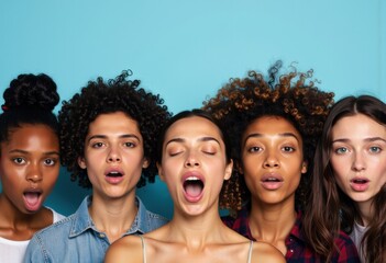 Obraz premium Group of diverse women expressing surprise against a blue background