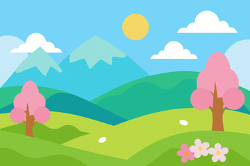 Fototapeta premium Cartoon spring landscape with mountain and path