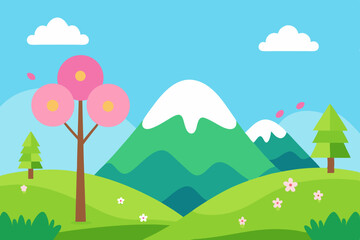 Fototapeta premium Cartoon spring landscape with mountain and path