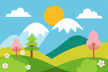 Naklejka premium Cartoon spring landscape with mountain and path