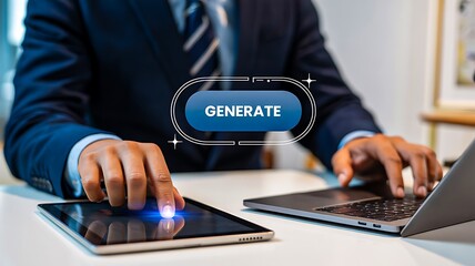 Businessman pressing generate button on tablet with laptop for digital creation
