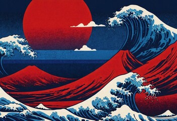 Ocean Waves and Rising Sun: An artistic representation of crashing ocean waves and the rising sun, combining elements of nature. Capturing a sense of serenity and power. Ai generated image
