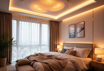 Modern bedroom with warm lighting, large window, and cozy bedding creating a relaxing atmosphere