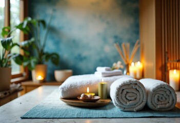 Relaxing spa scene with rolled towels, candles, and soothing decor in a tranquil setting