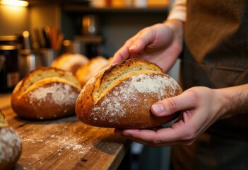 Hands hold freshly baked bread rolls with a golden crust and dusting of flour