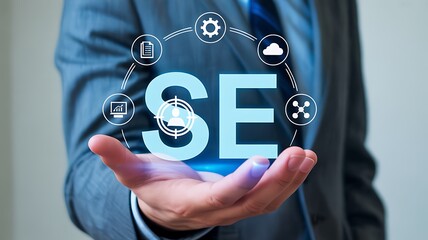 Search engine optimization interface above businessman’s hand for digital marketing strategy
