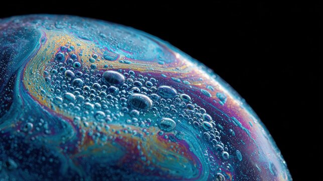 Close-up of a Soap Bubble with Vibrant Colors and Bubbles