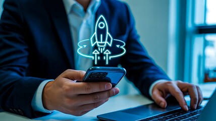 Startup launch concept with digital rocket icon and businessman holding smartphone
