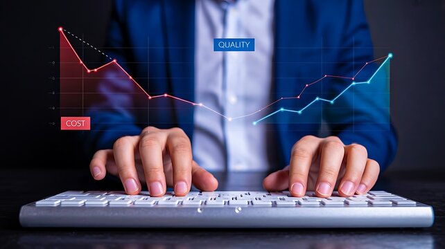 Businessman analyzing cost and quality graph on digital screen with keyboard
