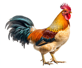 Fototapeta premium Red farm rooster or chicken, isolated on a white background, featuring a colorful comb and feather details