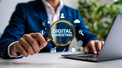 Digital marketing concept with magnifying glass and business icons for online strategy

