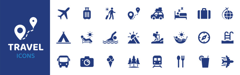 Travel - Icon Collection. Thin Line Set contains such Icons as Travel, Trip, Flight, Passport, Luggage, Suitcase, Map and more. Simple web icons set.
