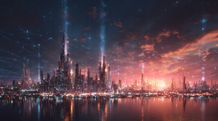 Futuristic Cityscape with Neon Lights and Reflections on Water