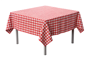 Square red and white gingham tablecloth on a table isolated on transparent background