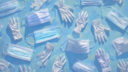 Arrangement of Medical Masks and Gloves on a Blue Background