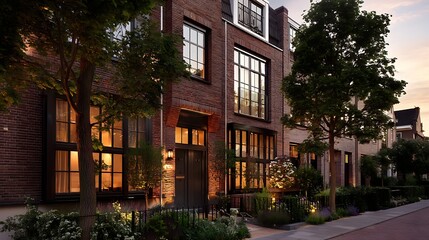 Fototapeta premium Elegant Row of Brick Townhouses Illuminated at Dusk