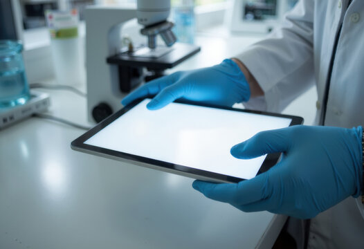 Scientist holding a tablet in a laboratory setting with copyspace available