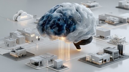 A digital brain interconnected with a network of buildings, symbolizing advanced technology and artificial intelligence.