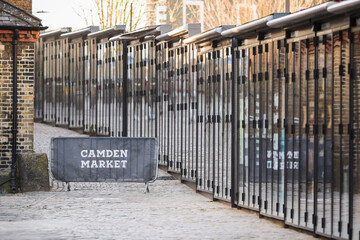 Row of stalls closed at Camden market in London, England